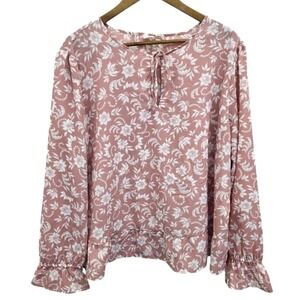 Pink Floral Tie Neck Blouse Long Sleeve Ruffle Cuff Romantic Boho Womens XXL